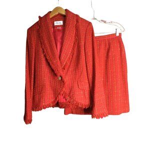 Vintage Tweed Skirt Blazer Jacket Set Suit Red Gold Metallic Fringe Detail